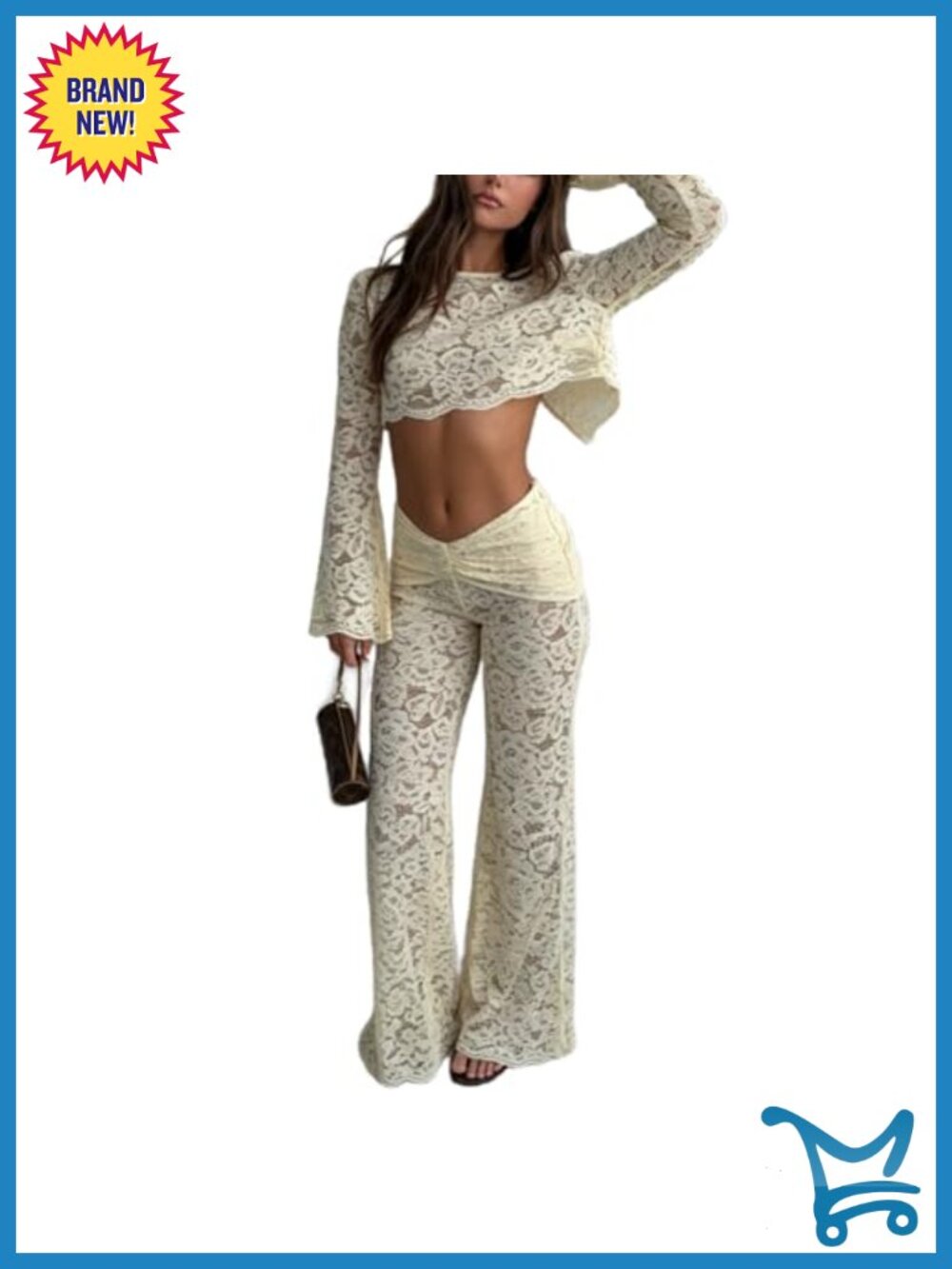 Lace See Through 2 Piece Outfit Long Sleeve Crop Top & Flare Pants Set